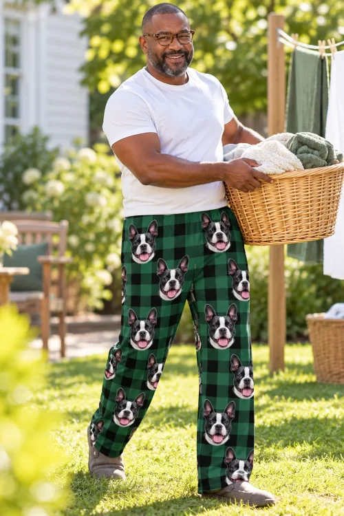 Man in glasses carrying a laundry basket across a sunny yard, in green plaid Boston terrier pajama pants