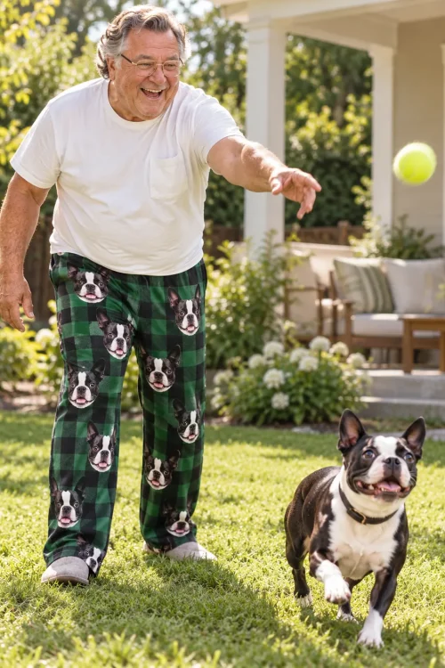 Laughing man tossing a tennis ball to his Boston terrier in a backyard, in green plaid Boston terrier pajama pants