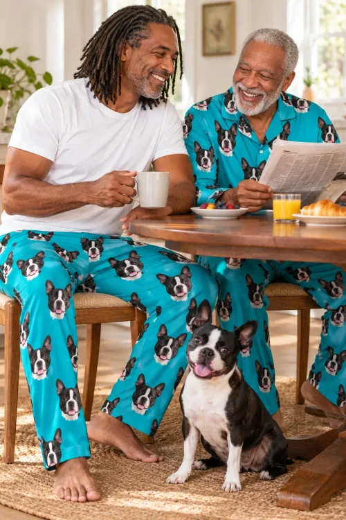 Two men at a breakfast table with coffee and a newspaper, a Boston terrier at their feet, both in teal pajamas