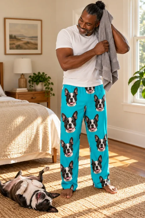 Man toweling his hair in a sunny bedroom while his Boston terrier rolls on the rug, in teal pajama pants