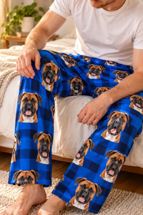 Man sitting on a bed, close-up of blue plaid pajama pants printed with boxer dog faces