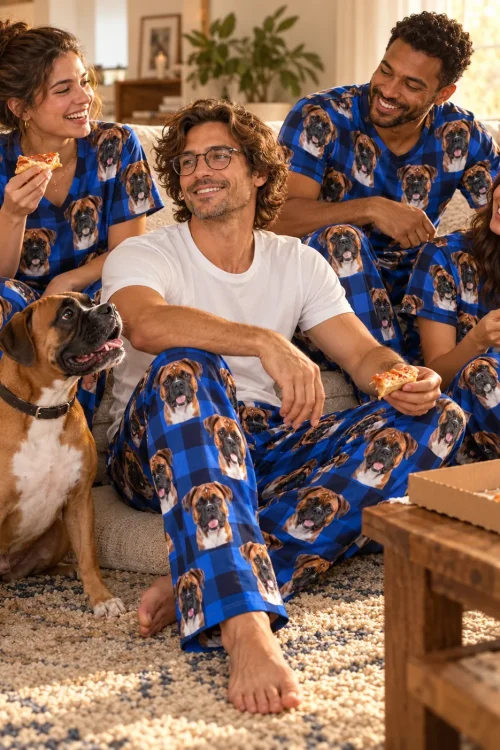 Friends eating pizza on a rug with a boxer, wearing blue plaid boxer dog pajamas