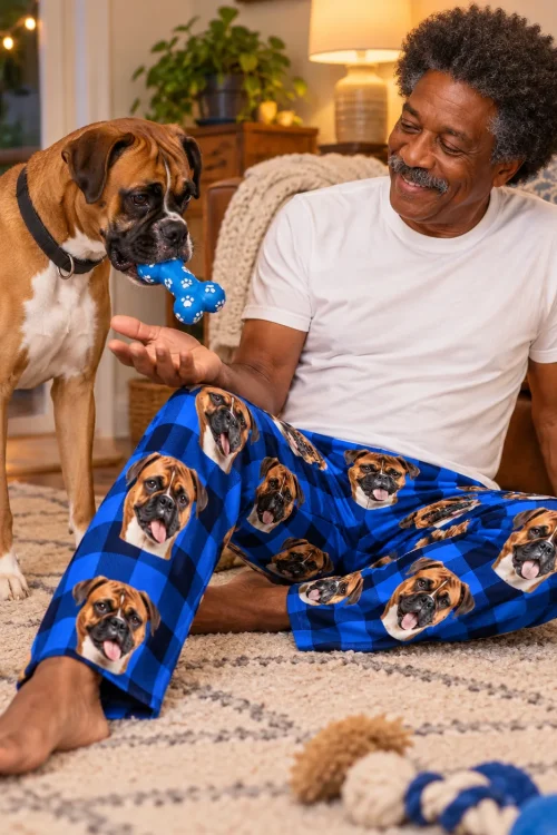 Man on a rug offering a toy to his boxer, in blue plaid boxer dog pajama pants