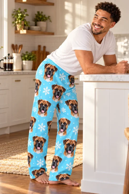 Man leaning on a kitchen island with a mug in snowflake pajama pants with boxer dog faces