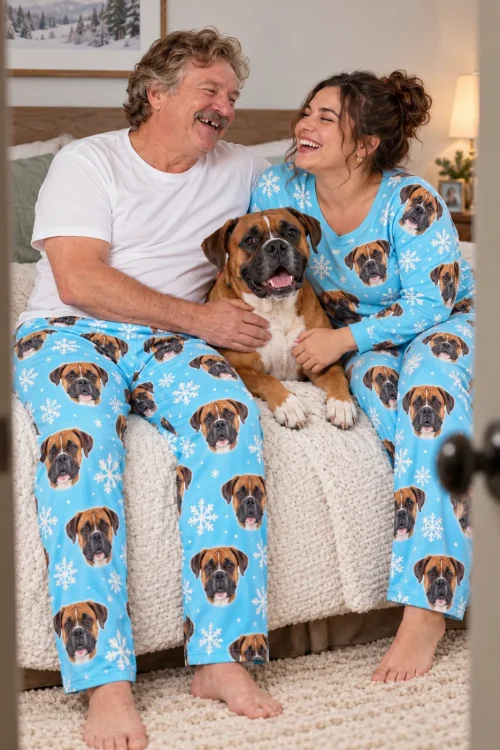 Couple laughing on a bed with their boxer, he wears snowflake boxer dog pajama pants