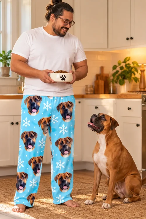 Man holding a food bowl for his boxer in a sunny kitchen, in snowflake boxer dog pajamas