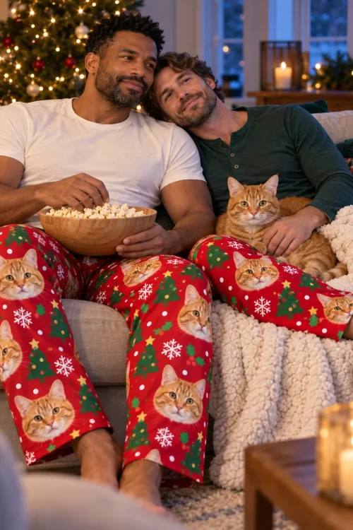 Two men sharing popcorn on the couch by a Christmas tree, tabby in a lap, in red cat pajamas