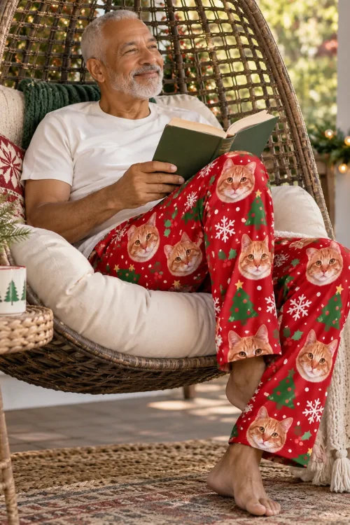 Older man reading in a hanging wicker chair on the porch in red Christmas cat pajamas