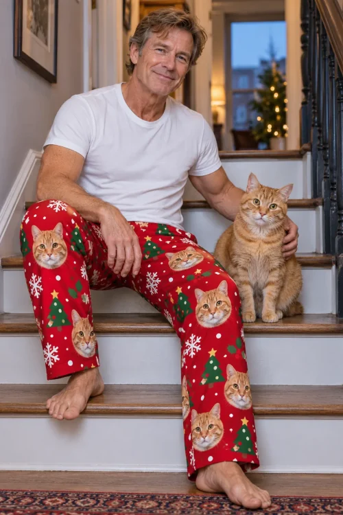Man sitting on the stairs beside his tabby in red Christmas cat pajama pants