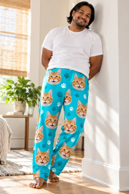 Man leaning on a white wall in teal paws pajama pants covered in orange tabby cat faces