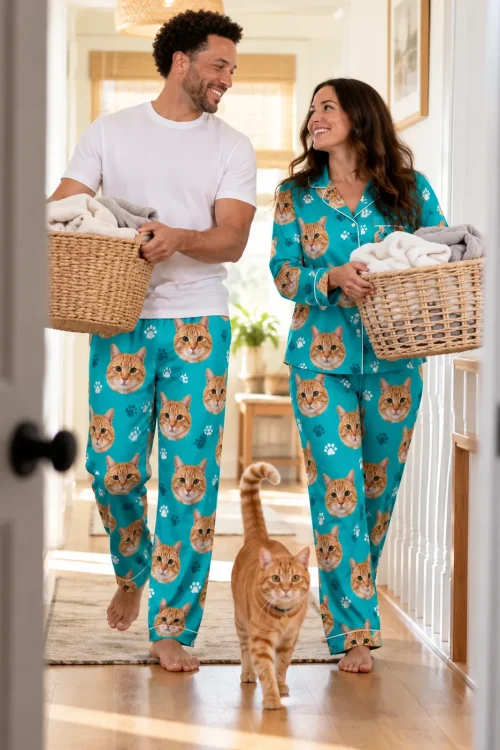 Couple carrying laundry baskets down a hallway in teal paws cat pajamas, tabby walking ahead