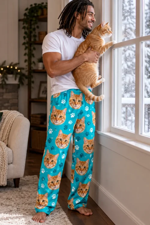 Man holding his orange tabby up to a snowy window, wearing teal paws cat pajama pants
