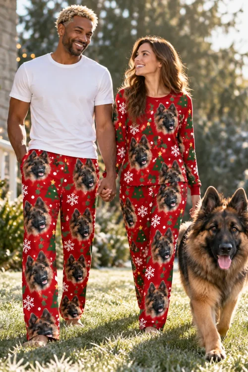 Couple in red Christmas pajama pants with German Shepherd faces walking on frosty grass with their dog