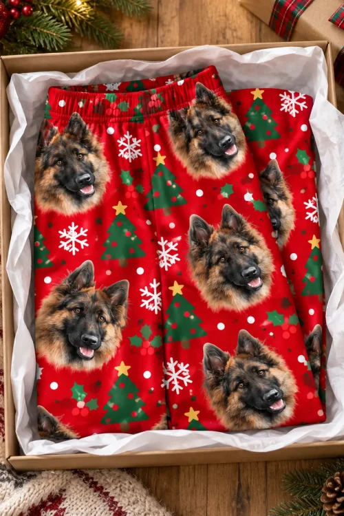 Red Christmas pajama pants with German Shepherd faces, trees and snowflakes folded in a gift box