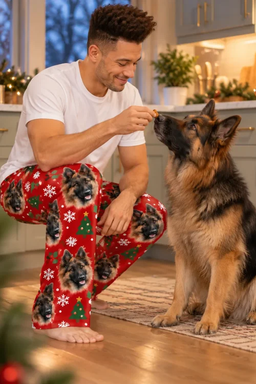 Man in red Christmas pajama pants with his German Shepherd's face, giving the dog a treat in a holiday kitchen