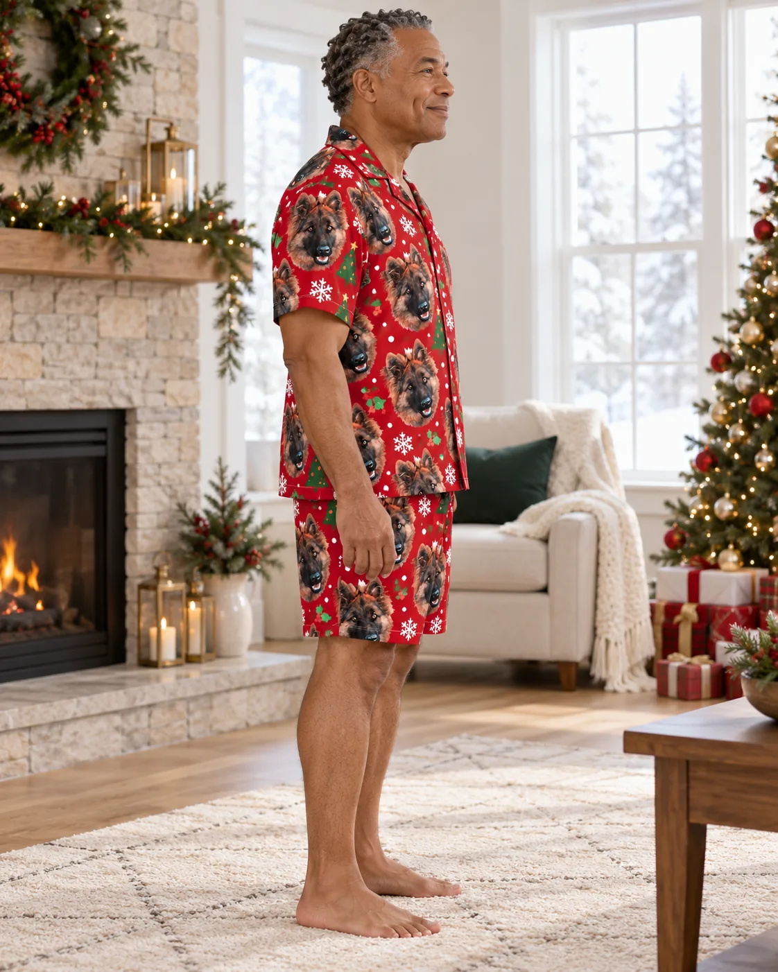 Man standing by a fireplace and Christmas tree in a red Christmas pajama set with German shepherd faces