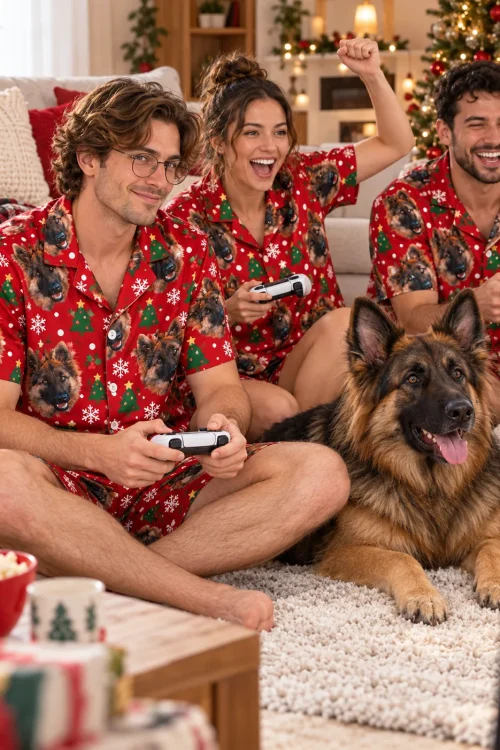 Three friends in red Christmas pajama sets playing video games with their German shepherd by the tree