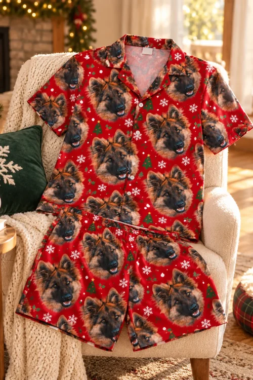 Red Christmas pajama set with German shepherd faces, trees and snowflakes laid on a cream armchair