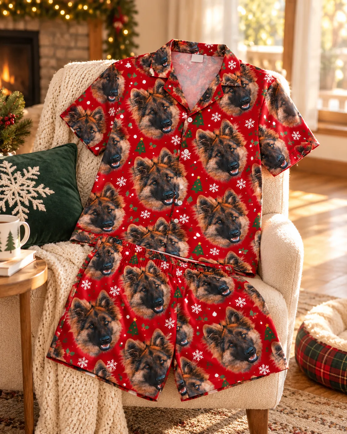 Red Christmas pajama set with German shepherd faces, trees and snowflakes laid on a cream armchair