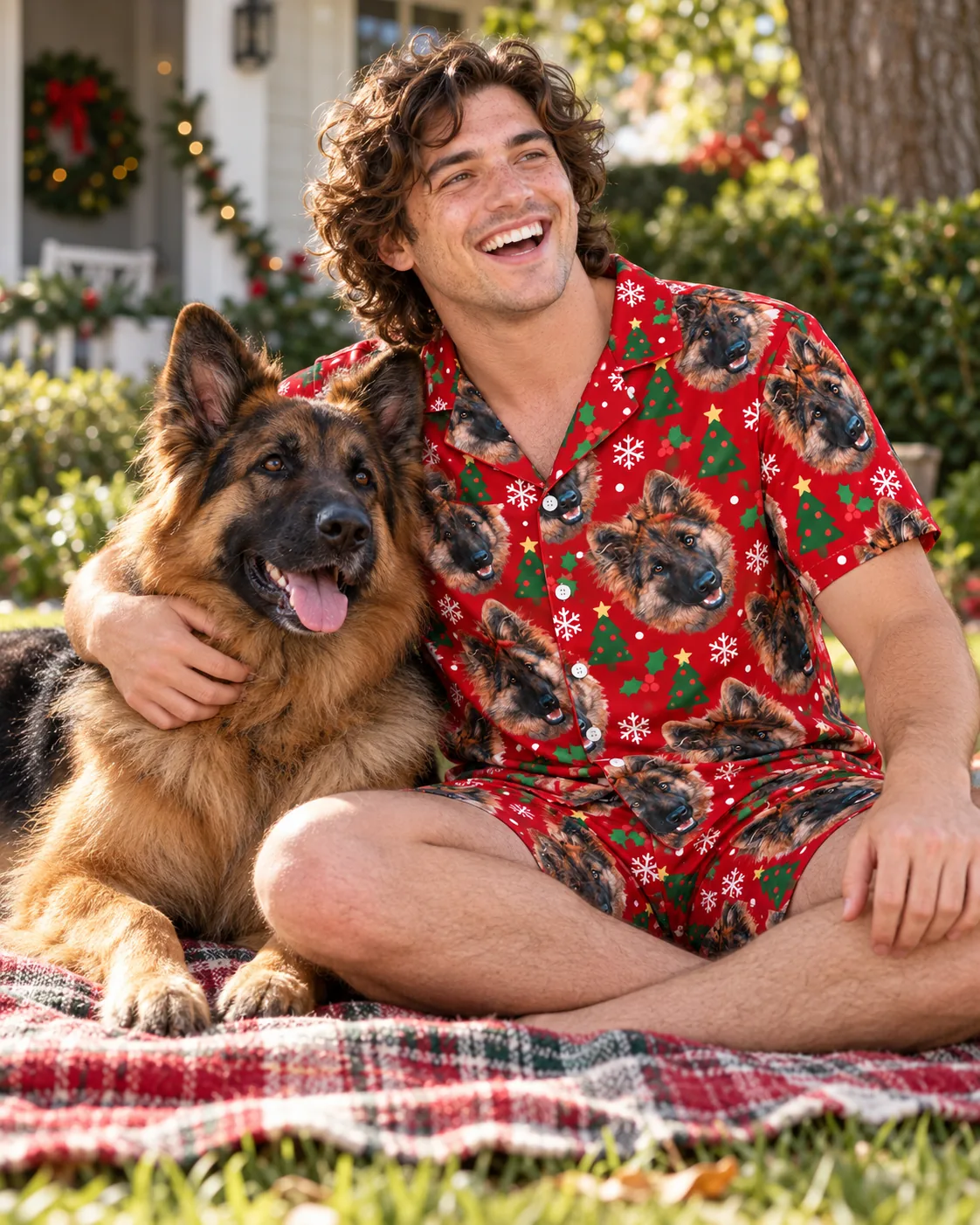 Man on a plaid blanket on the lawn hugging his German shepherd, wearing a Christmas pajama set with its face