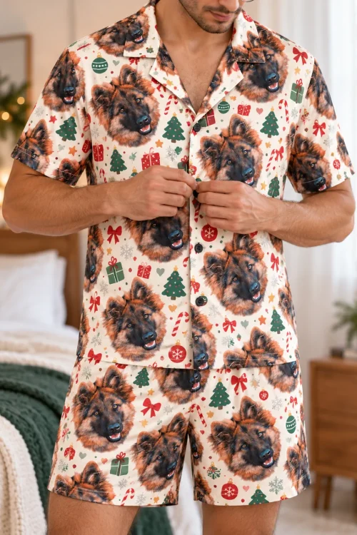 Man buttoning a cream Christmas pajama shirt with German shepherd faces, trees and bows, matching shorts