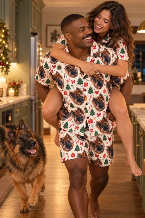 Man giving his partner a piggyback in cream Christmas pajama sets as their German shepherd trots along