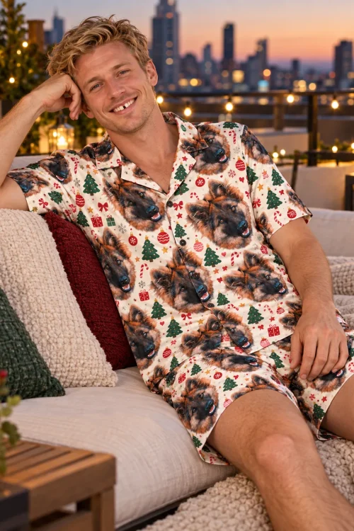 Man relaxing on a string-lit city balcony at dusk in cream Christmas pajama shorts with German shepherd faces