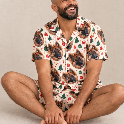Men's Cream Christmas Pajama Shorts Set with Your Pet's Face