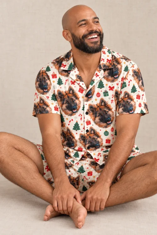 Men's Cream Christmas Pajama Shorts Set with Your Pet's Face