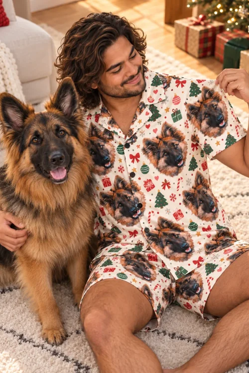 Man on a rug by the tree with his German shepherd, wearing cream Christmas pajama shorts with its face