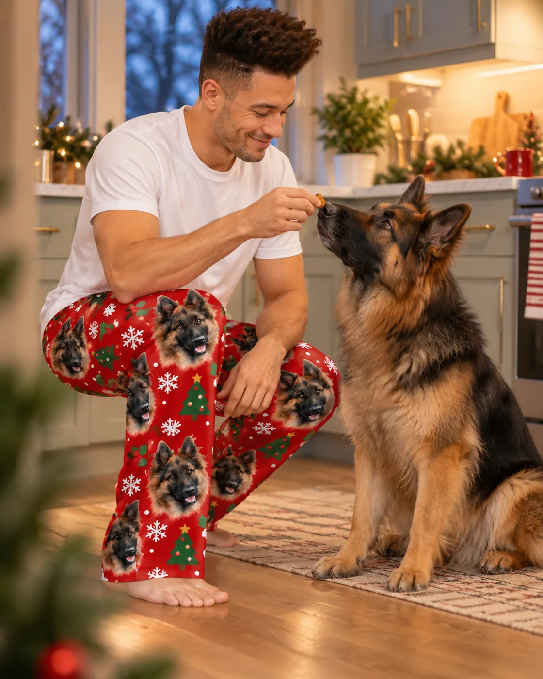 Men's Christmas pajamas: man in red Christmas pants with German shepherd faces giving his dog a treat