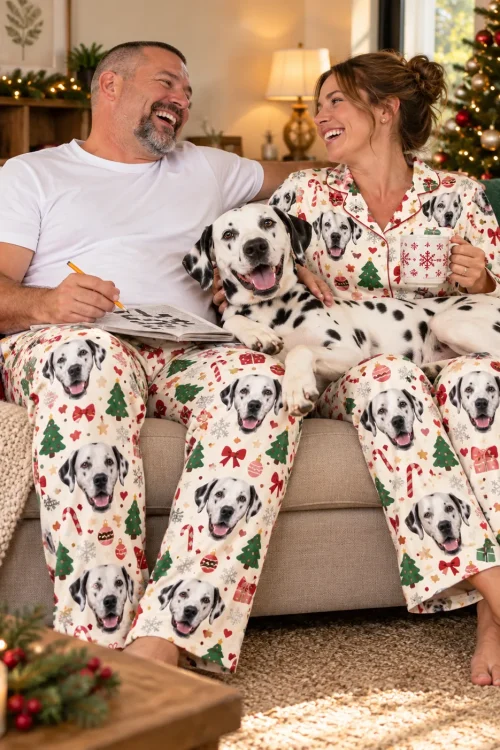 Couple doing a crossword on the sofa in Christmas cream dalmatian pajamas, dalmatian across their laps