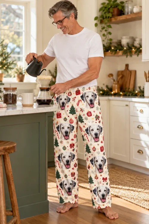 Man in glasses pouring coffee in a holiday kitchen in Christmas cream mens dalmatian pajamas