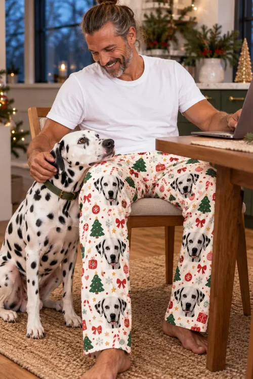Man at a laptop with his dalmatian's head on his lap, in Christmas cream dalmatian pajamas