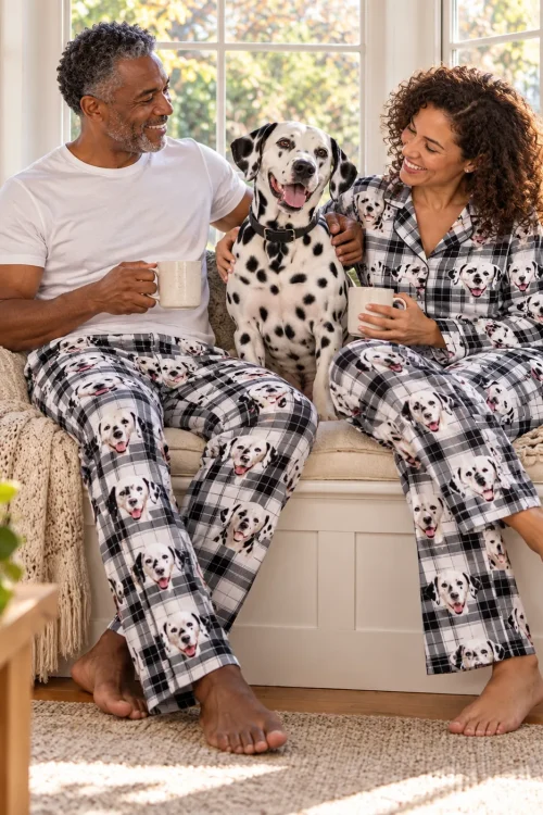 Couple with mugs on a window seat in white plaid dalmatian pajamas, their dalmatian between them