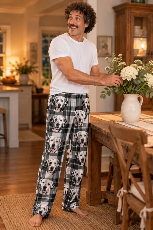 Man arranging white flowers on a farmhouse table in white plaid dalmatian pajama pants