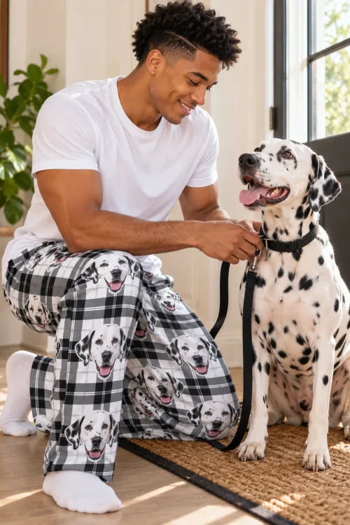 Man kneeling by the front door to leash his dalmatian, wearing white plaid dalmatian pajama pants