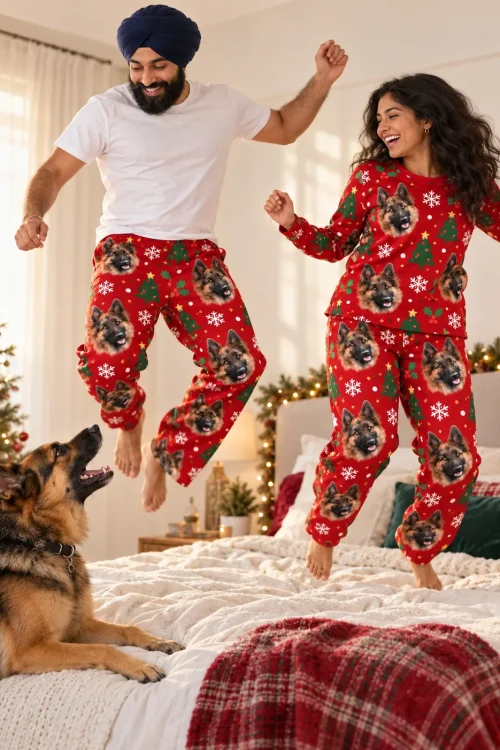 Couple jumping on a bed by a Christmas tree as a german shepherd watches, in red Christmas pajamas