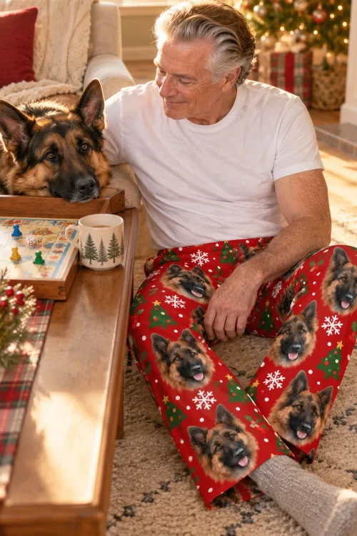 Man smiling at his german shepherd beside a board game by the tree, in Christmas pajama pants