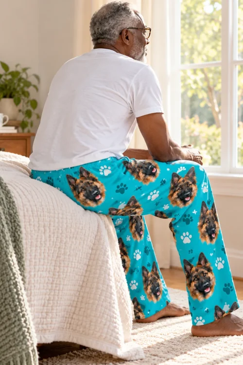 Man sitting on a bed edge by a sunny window, seen from behind, in teal paws german shepherd pajama pants