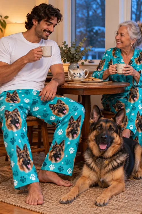 Man with coffee at a kitchen table beside his german shepherd, teal paws men's german shepherd pajama pants