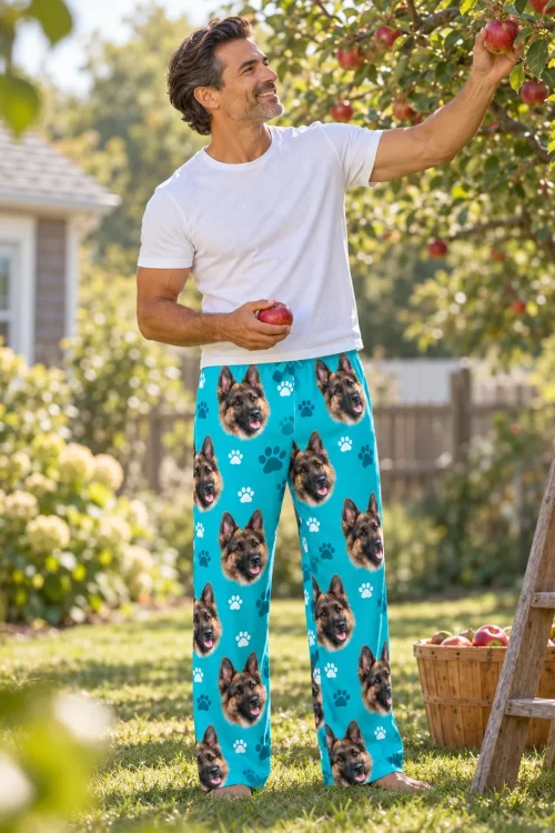 Man picking apples in a sunny backyard in teal paws men's german shepherd pajama pants