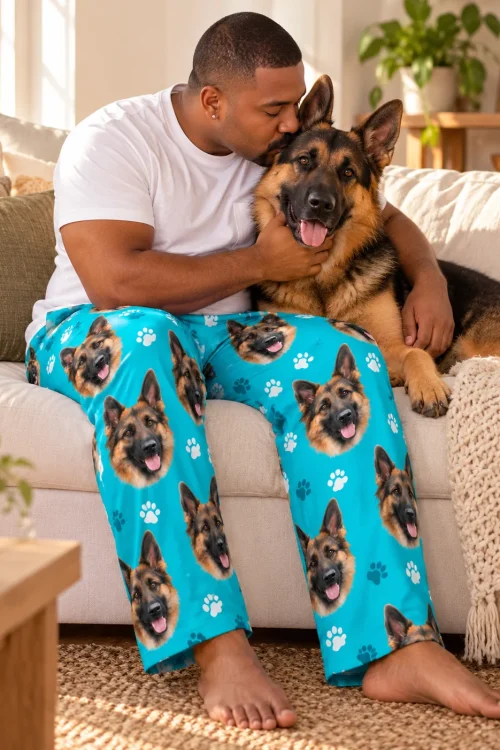 Man kissing his german shepherd's head on a sofa, in teal paws men's german shepherd pajama pants
