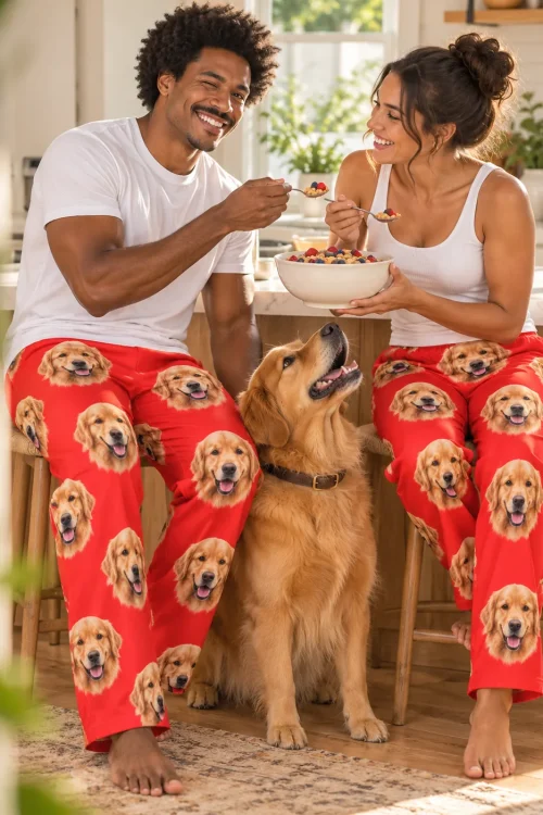 Couple feeding each other cereal in red golden retriever pajama pants as their golden waits at their feet