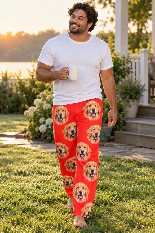 Man with a mug crossing a lawn at sunrise in red golden retriever pajama pants