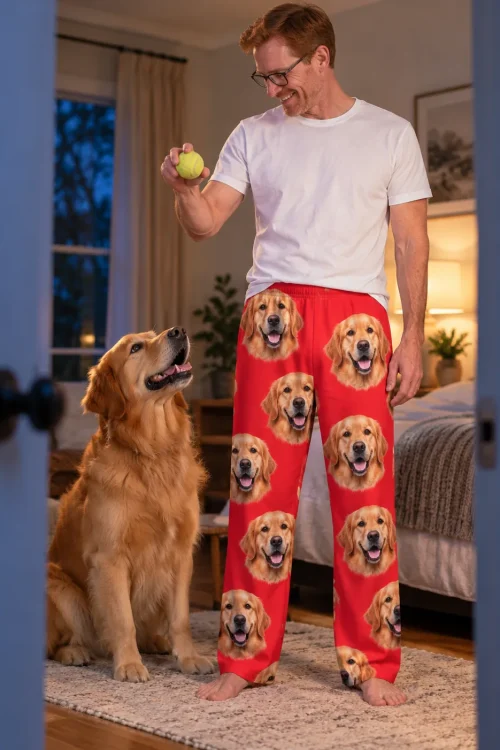 Man holding up a tennis ball for his golden retriever in the bedroom, in red golden retriever pajama pants