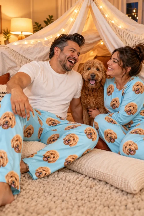 Laughing couple in a blanket fort with their doodle, his light blue goldendoodle pajama pants in front