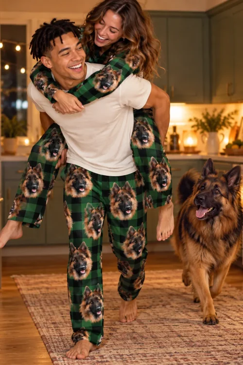 Man in green plaid pajama pants with German Shepherd faces giving a piggyback ride as his dog follows