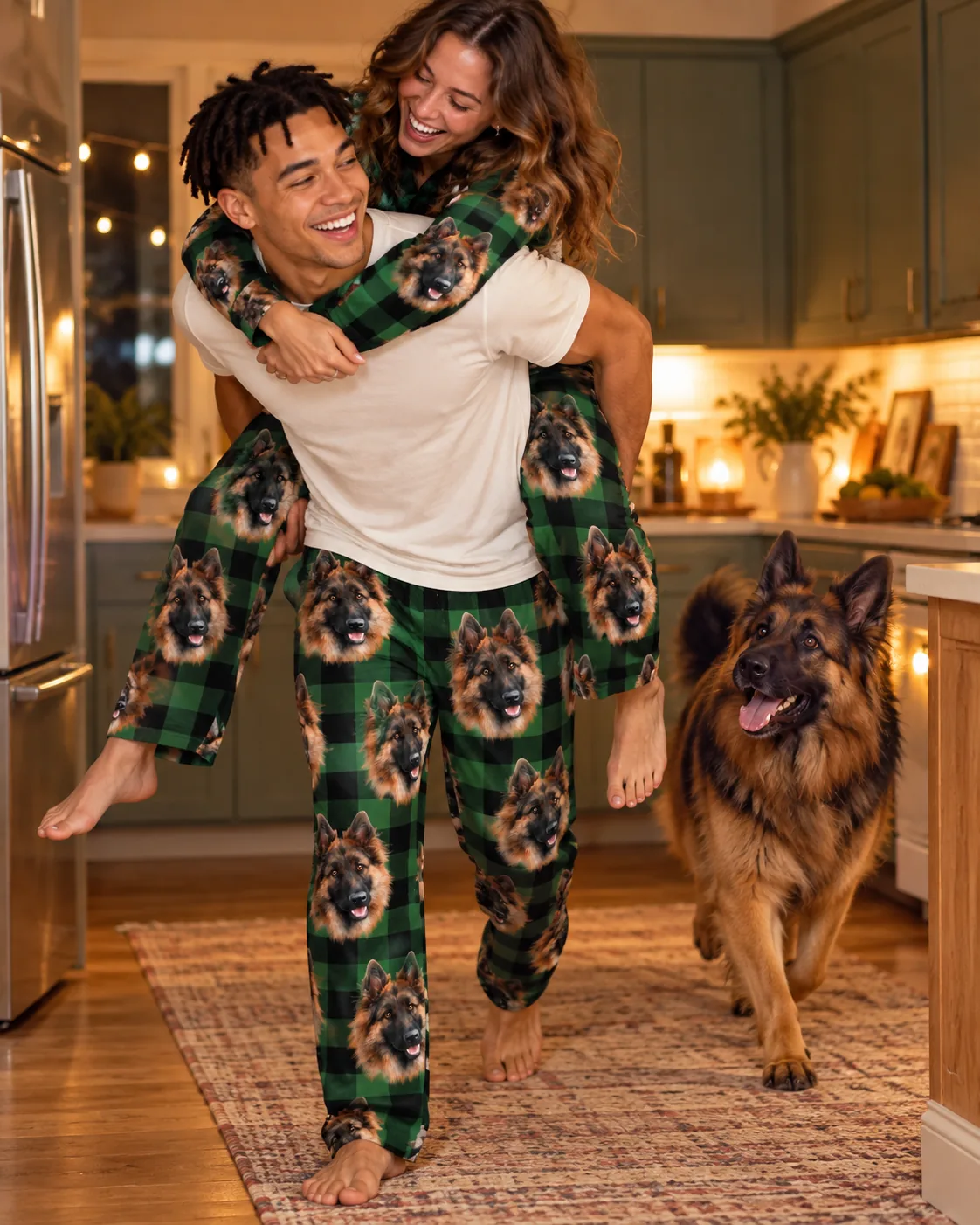 Man in green plaid pajama pants with German Shepherd faces giving a piggyback ride as his dog follows