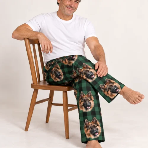 Men's Green Plaid Pajama Pants with Your Pet's Face